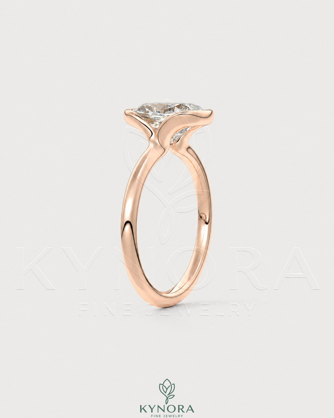 Elongated moissanite half-bezel solitaire ring in 925 silver with a sleek design, by Kynora CJ, displayed on a white background.