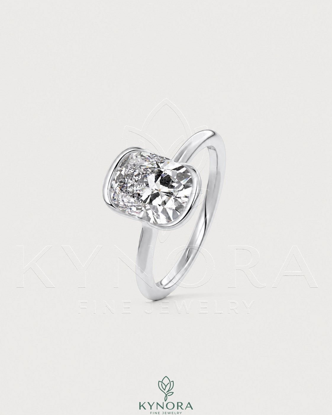 Elongated Moissanite half-bezel solitaire ring in 925 silver with sleek design, featuring a prominent gemstone setting.