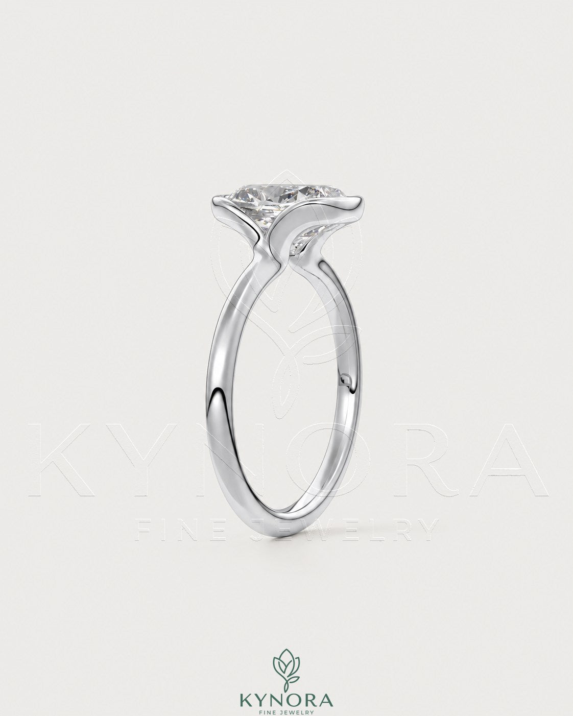 Elongated bezel solitaire ring with moissanite gemstone in 925 silver, featuring a sleek half-bezel design by Kynora CJ.