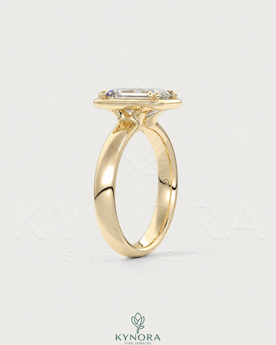Emerald cut moissanite bezel engagement ring in 925 silver featuring a sleek design and sparkling central gemstone.