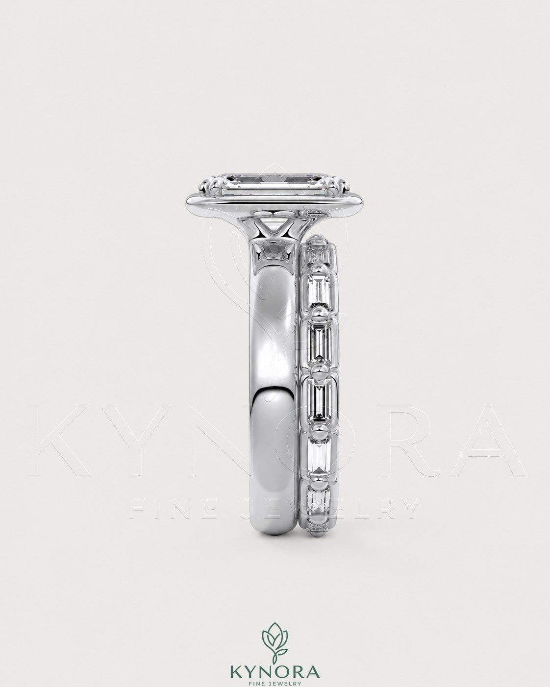 Emerald cut Moissanite bezel engagement ring in 925 silver with a sleek, modern design from Kynora CJ.