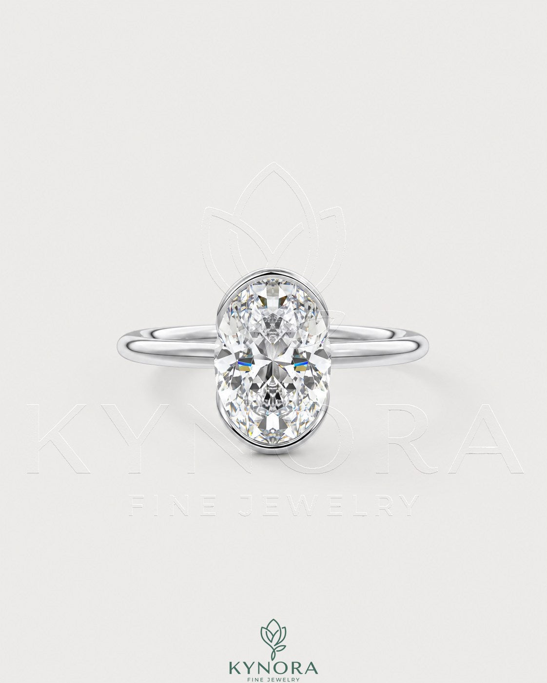 Oval moissanite half-bezel solitaire engagement ring in 925 silver with a sleek, elegant design.