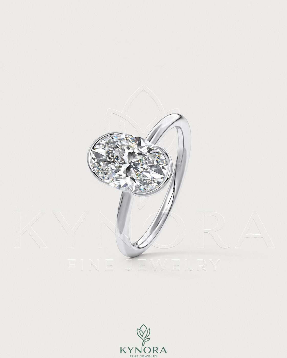 Oval moissanite half-bezel solitaire engagement ring in 925 silver with a sleek, elegant design from Kynora CJ.