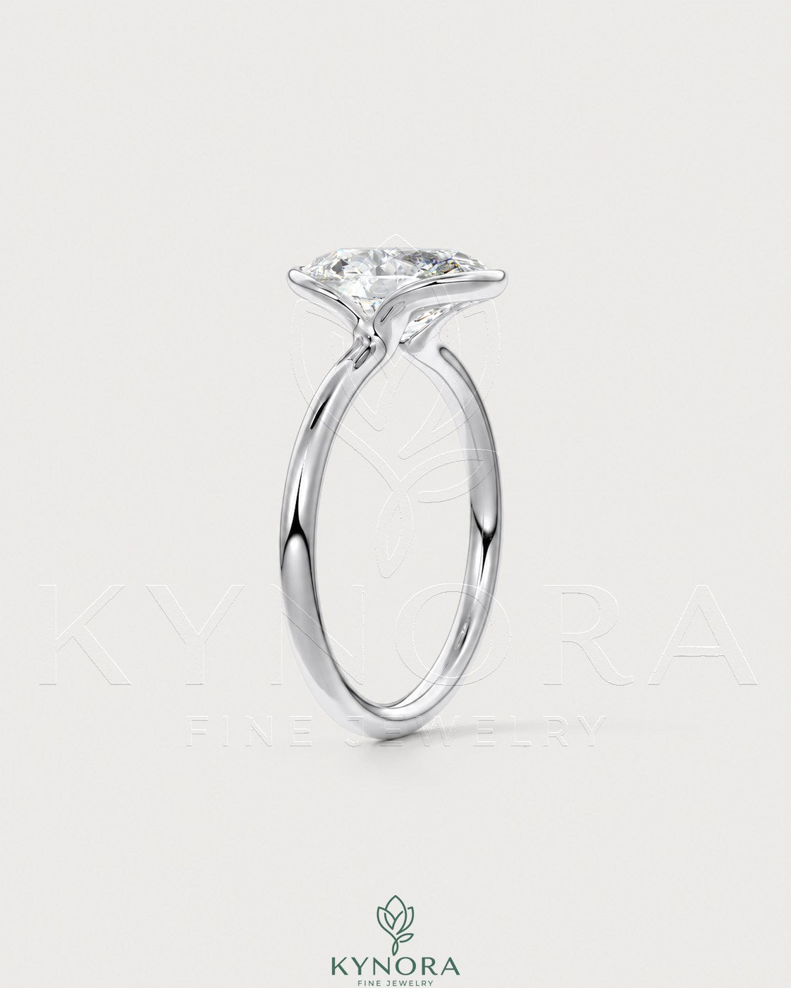 Oval moissanite half-bezel solitaire engagement ring in 925 silver with detailed craftsmanship and elegant design.
