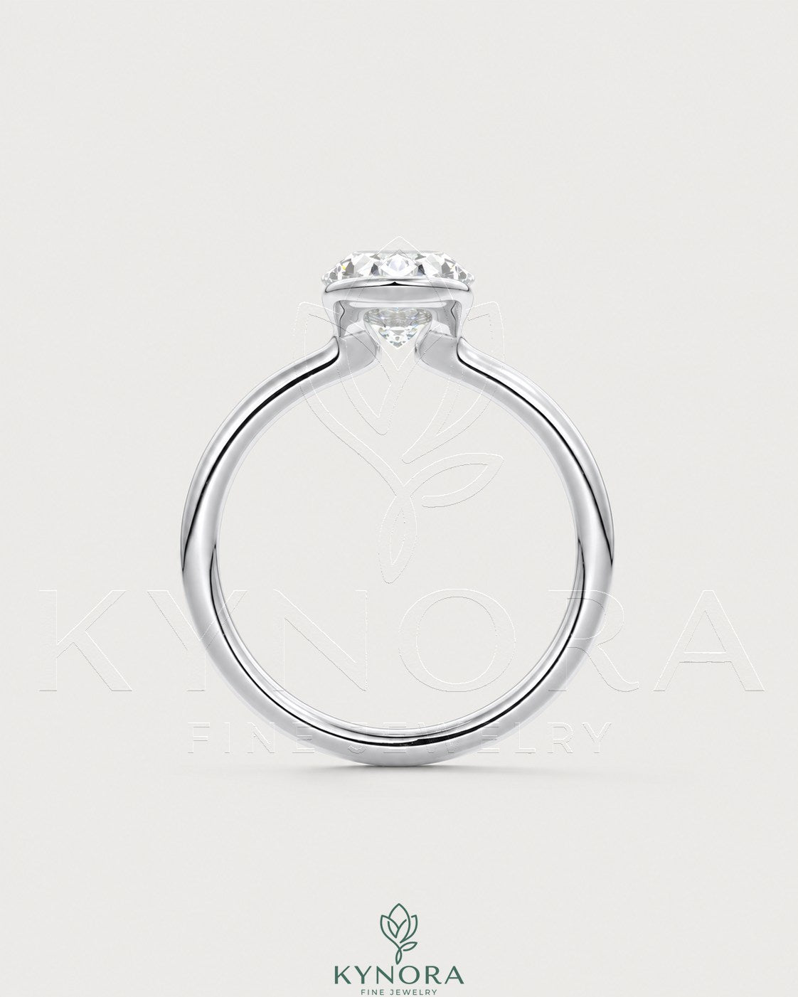Oval moissanite half-bezel solitaire engagement ring in 925 silver with a sleek design featuring a sparkling stone.