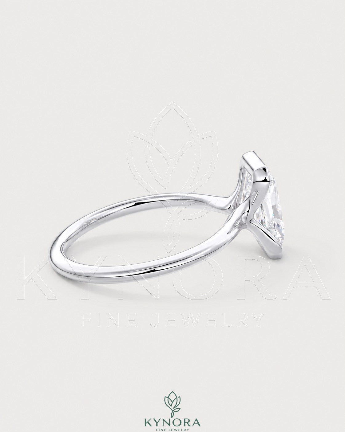 Radiant cut moissanite half-bezel engagement ring in 925 silver with detailed setting, made by Kynora CJ.