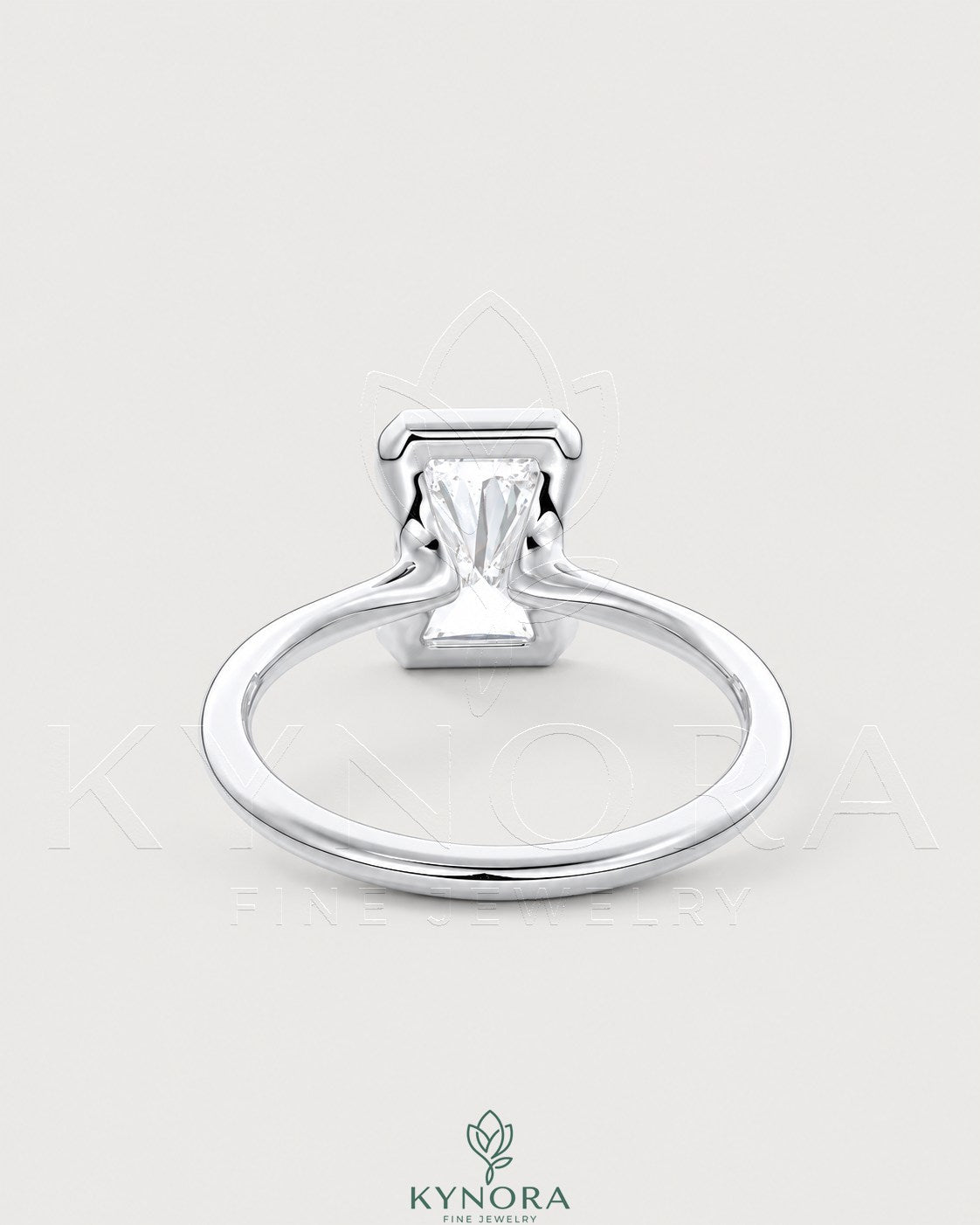 Radiant cut moissanite half-bezel engagement ring in 925 silver, featuring a sleek design and sparkling gemstone from Kynora CJ.