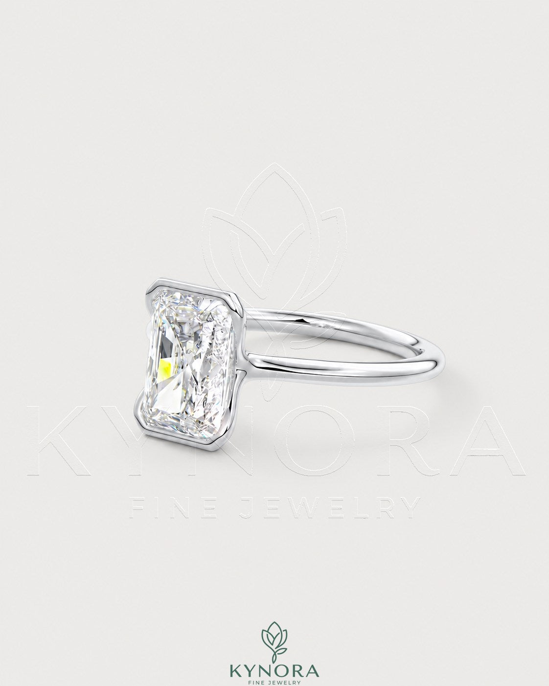 Radiant cut moissanite half-bezel engagement ring in sterling silver with a sleek design and sparkling center stone.