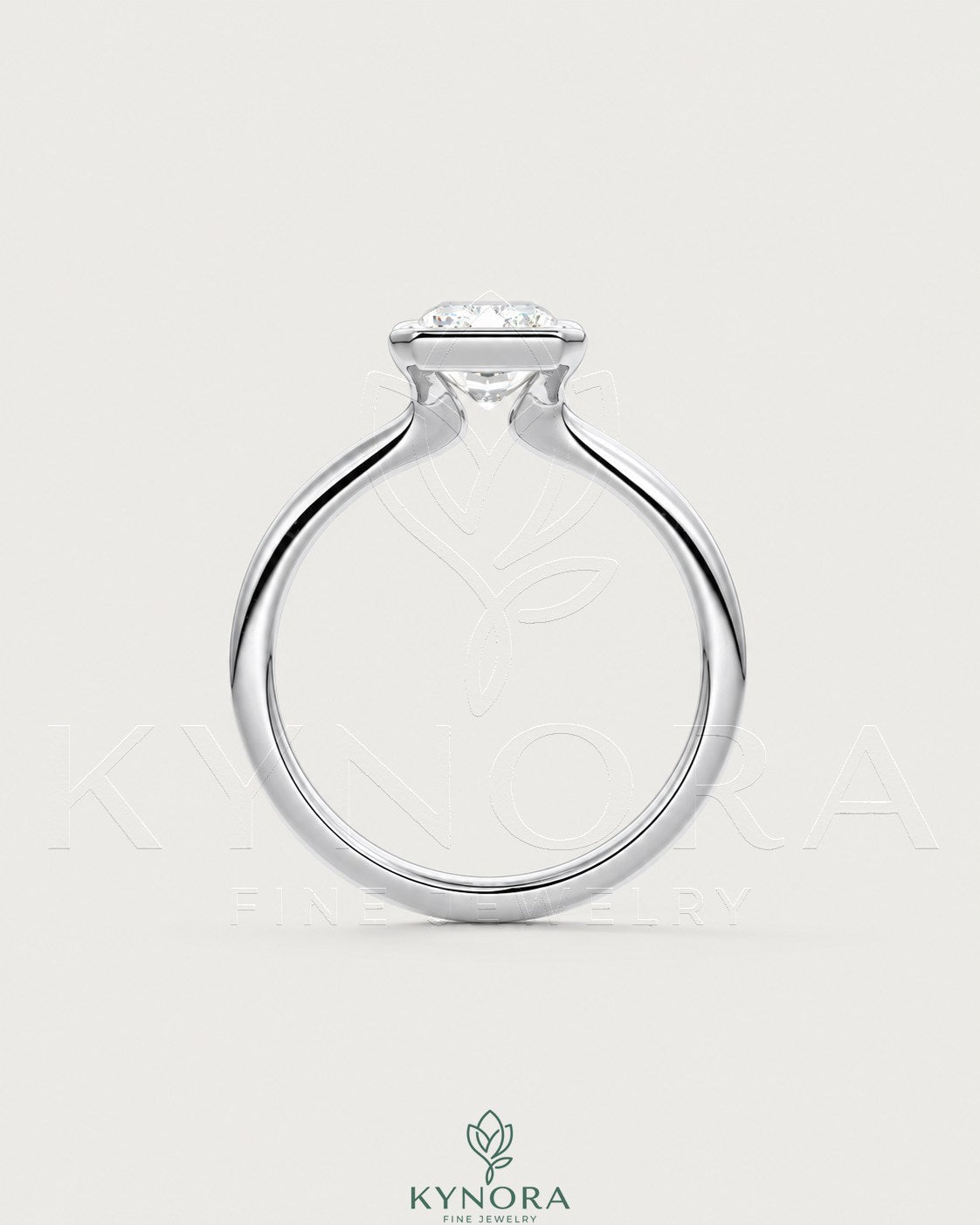 Radiant cut moissanite half-bezel engagement ring in 925 silver with detailed craftsmanship by Kynora CJ.