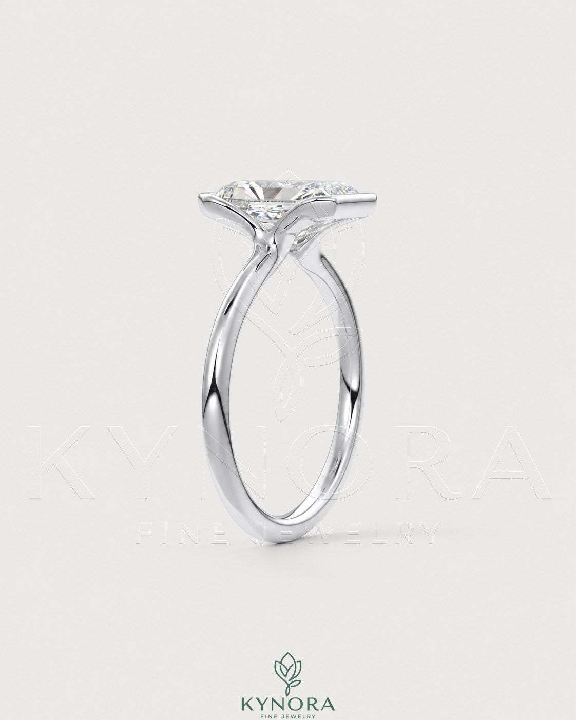Radiant cut moissanite half-bezel engagement ring in 925 silver with detailed setting, showcasing elegant craftsmanship.