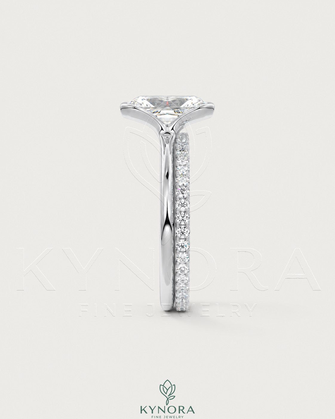 Radiant cut moissanite half-bezel engagement ring in 925 silver with detailed craftsmanship, featuring a sparkling center stone.