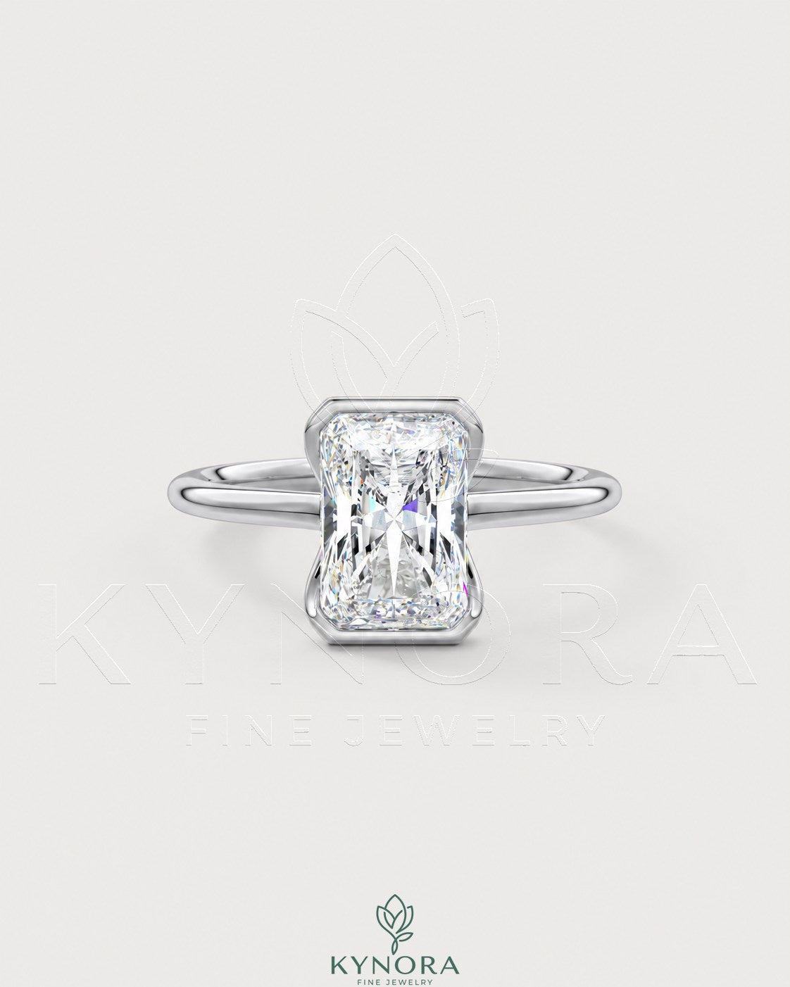 Radiant cut moissanite half-bezel engagement ring in 925 silver, showcasing a sparkling center stone and sleek band design.