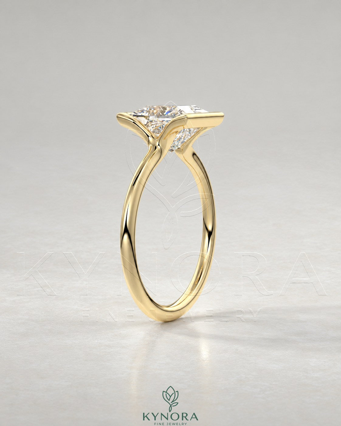 Princess cut moissanite half-bezel solitaire ring in 925 silver with elegant design, showcasing the sparkling gemstone and sleek band.