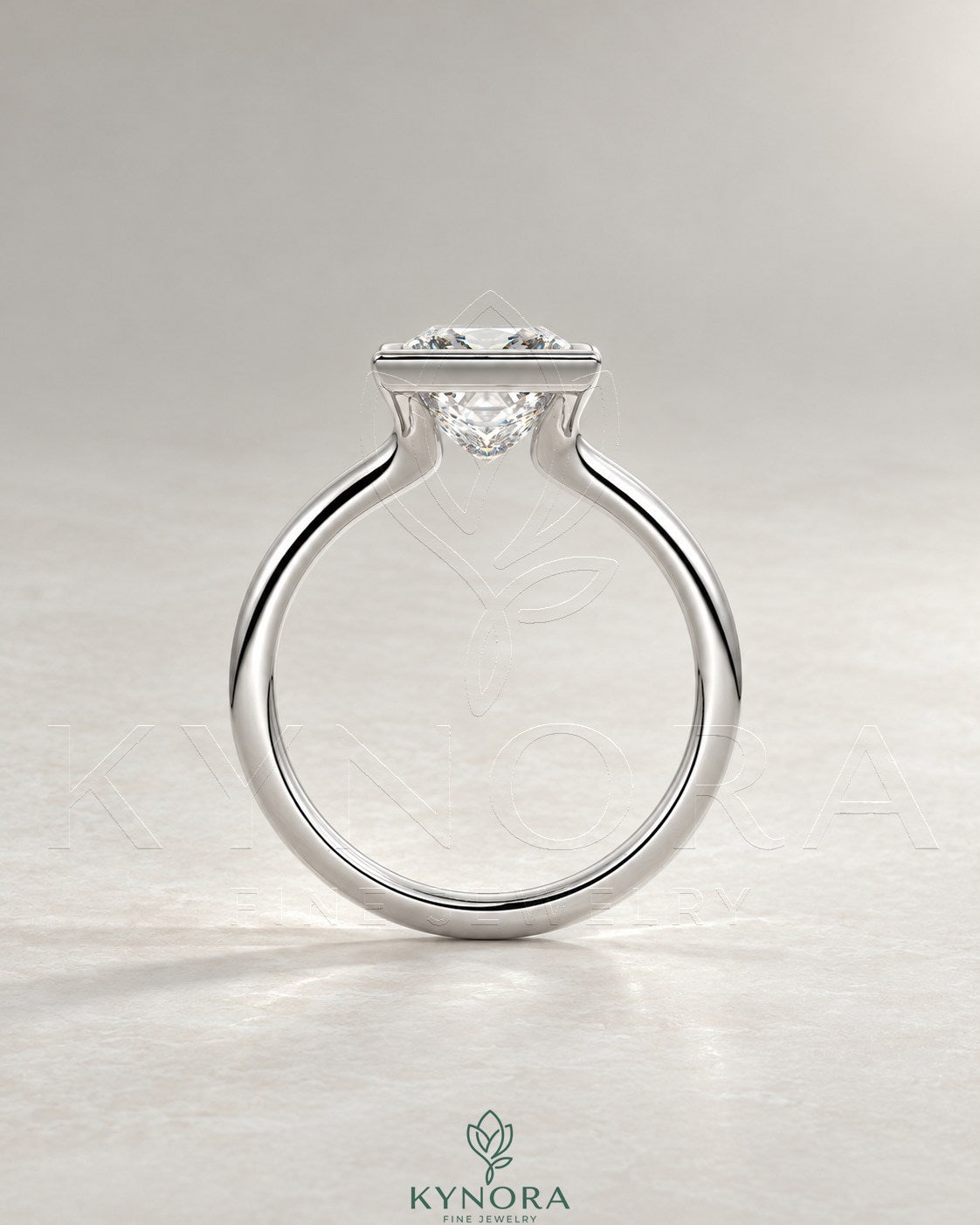 Princess cut moissanite half-bezel solitaire ring in 925 silver with a sleek band, featuring a sparkling center stone.