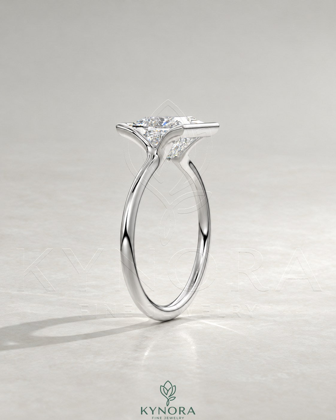 Princess cut moissanite half-bezel solitaire ring in 925 silver with a sleek design, showcasing the sparkling gemstone and polished band.