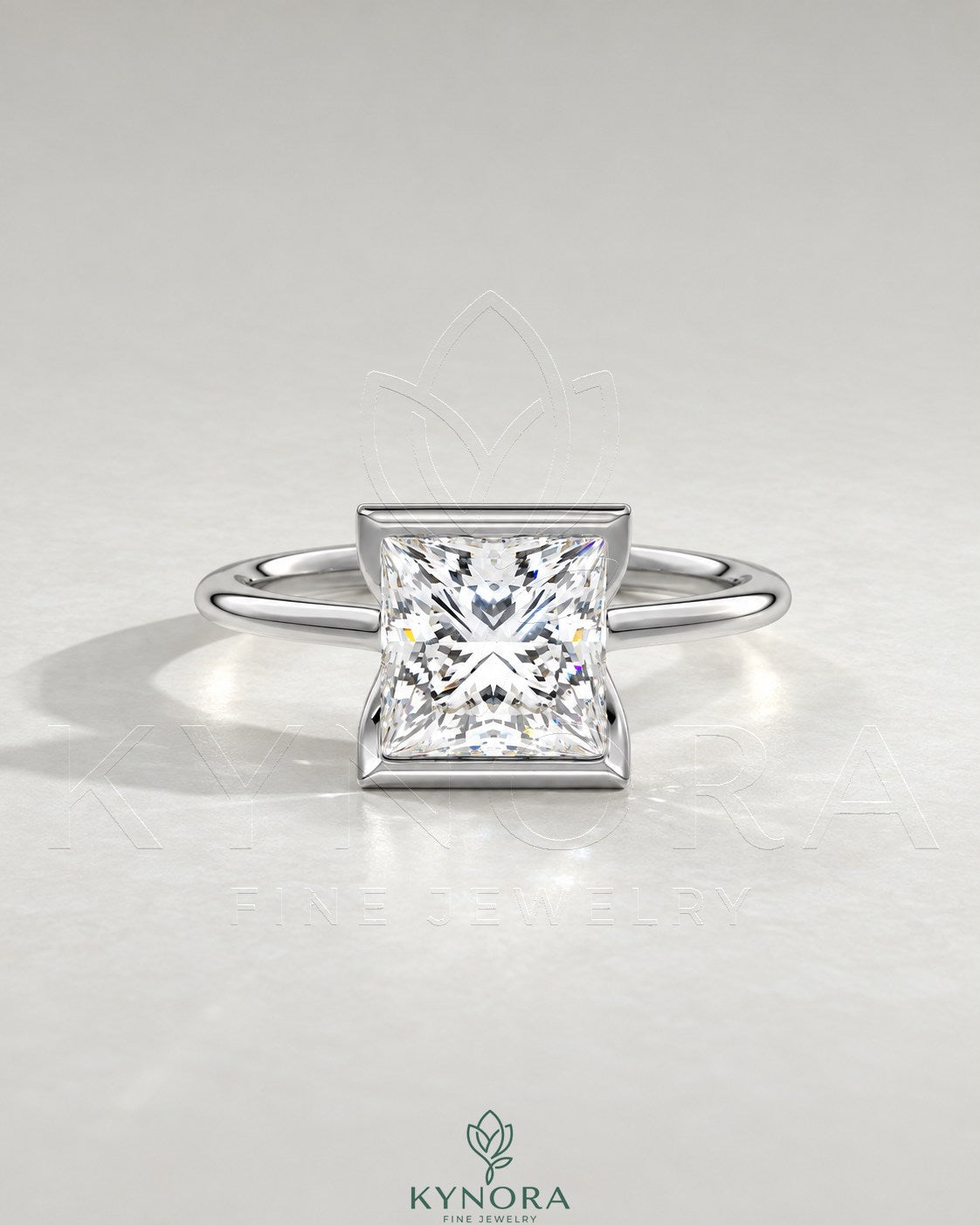 Princess cut moissanite half-bezel solitaire ring in 925 silver with a sleek design, showcasing a sparkling center stone. Main image