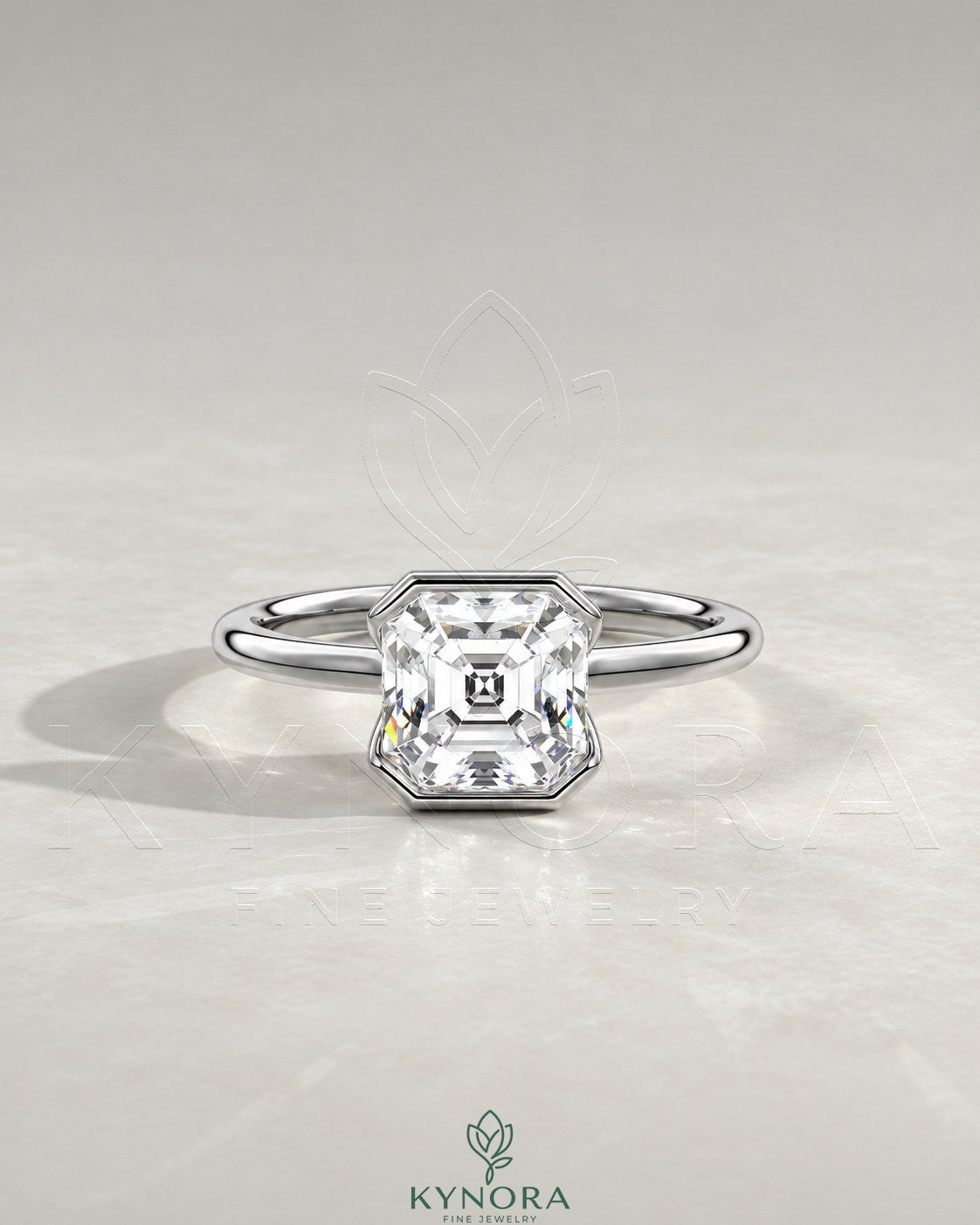 Asscher cut moissanite half-bezel solitaire ring in 925 silver, showcasing a sparkling gemstone set in a sleek bezel setting.