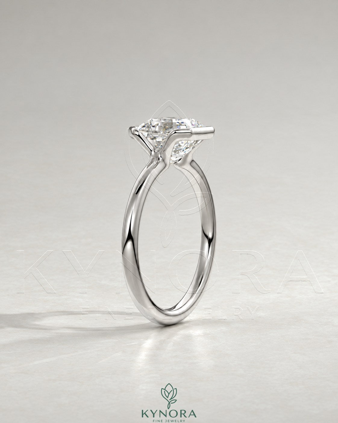 Asscher cut moissanite half-bezel solitaire ring in 925 silver featuring a sparkling central gemstone and sleek band design.
