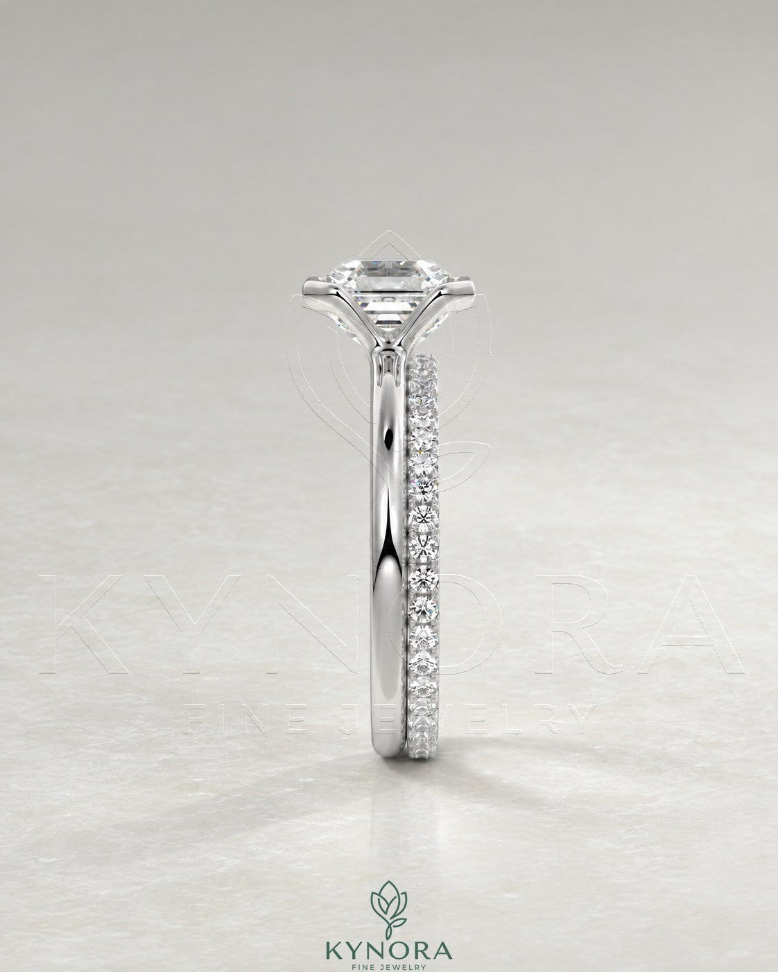 Asscher cut moissanite half-bezel solitaire ring in 925 silver, featuring a sleek design and sparkling gemstone.