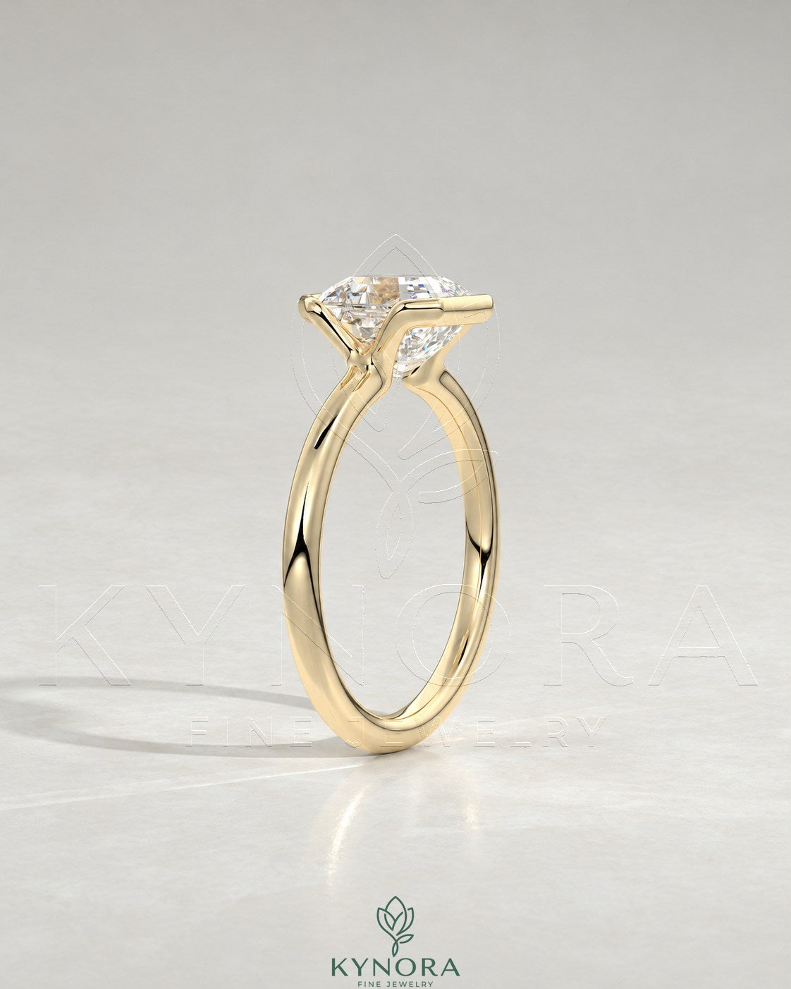 Asscher cut moissanite half-bezel solitaire ring in 925 silver with a sleek band, featuring a sparkling center stone.