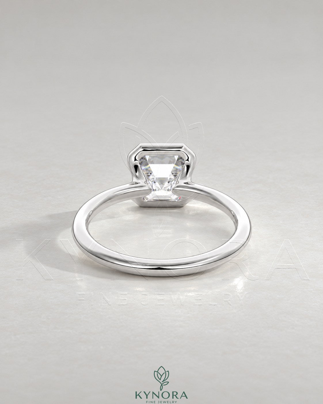 Asscher cut moissanite half-bezel solitaire ring in 925 silver with a sleek, modern design by Kynora CJ.
