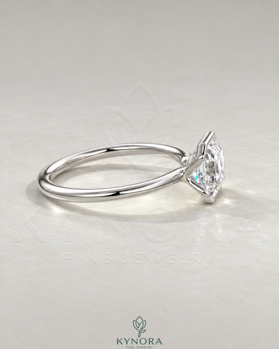 Asscher cut moissanite half-bezel solitaire ring in 925 silver with a sleek band, showcasing elegant jewelry design.