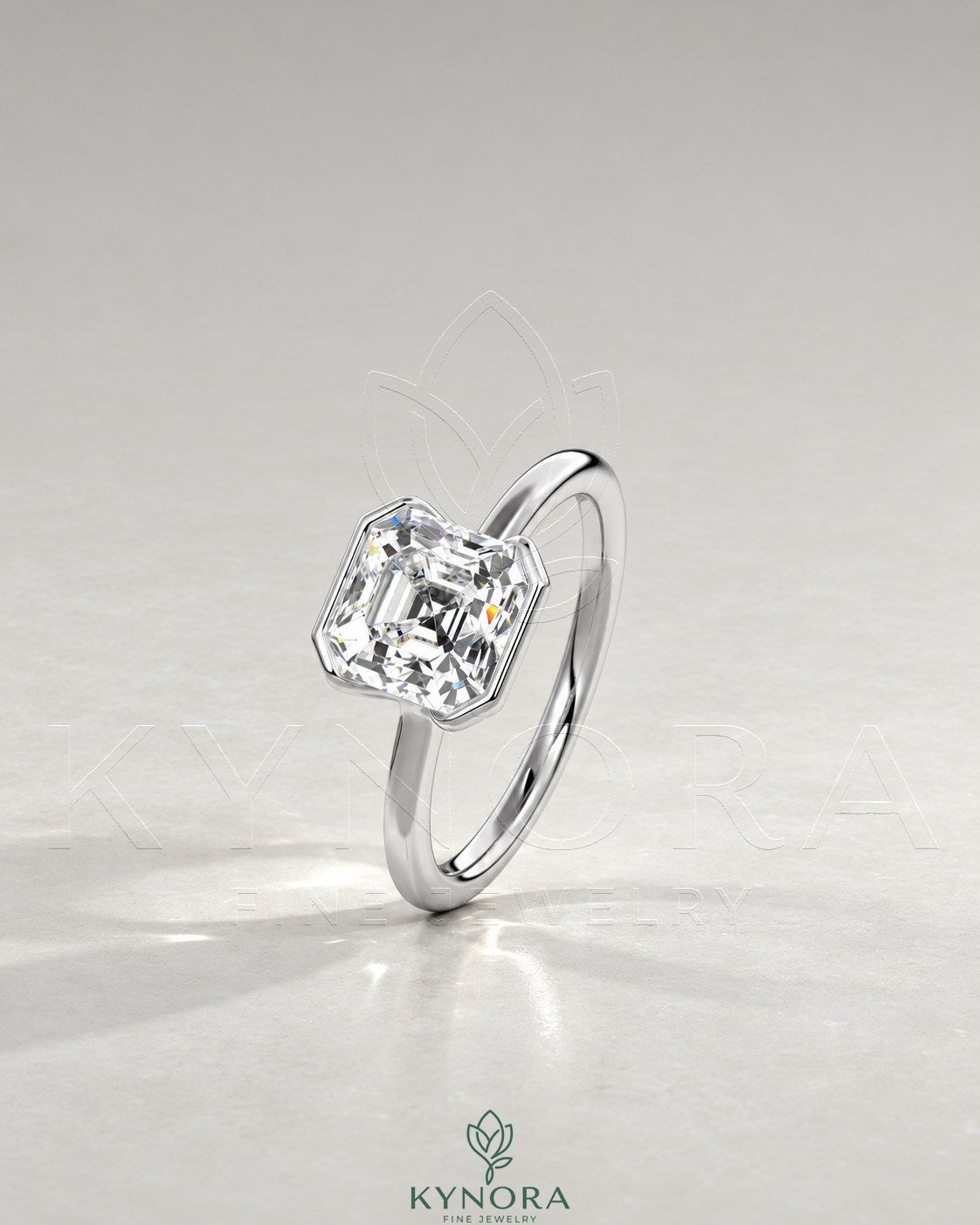 Asscher cut moissanite half-bezel solitaire ring in 925 silver, featuring a sparkling gemstone set in a sleek bezel setting.