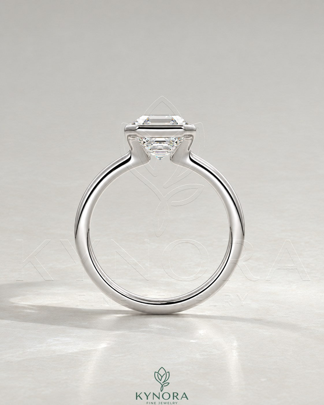 Asscher cut moissanite half-bezel solitaire ring in 925 silver, featuring a sparkling center stone and sleek band design.