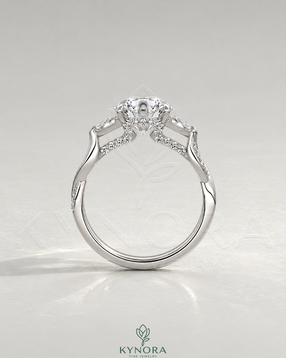 Round Moissanite 3-Stone Engagement Ring with Twisted Pavé Shank in 925 Silver