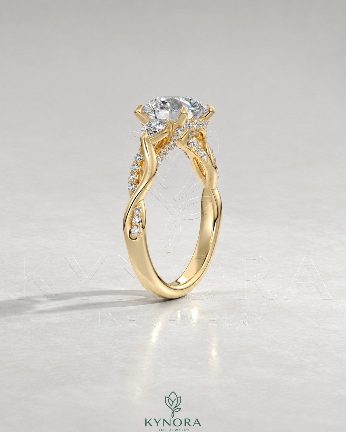 Round Moissanite 3-Stone Engagement Ring with Twisted Pavé Shank in 925 Silver