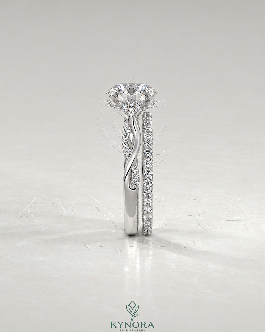 Round Moissanite 3-Stone Engagement Ring with Twisted Pavé Shank in 925 Silver