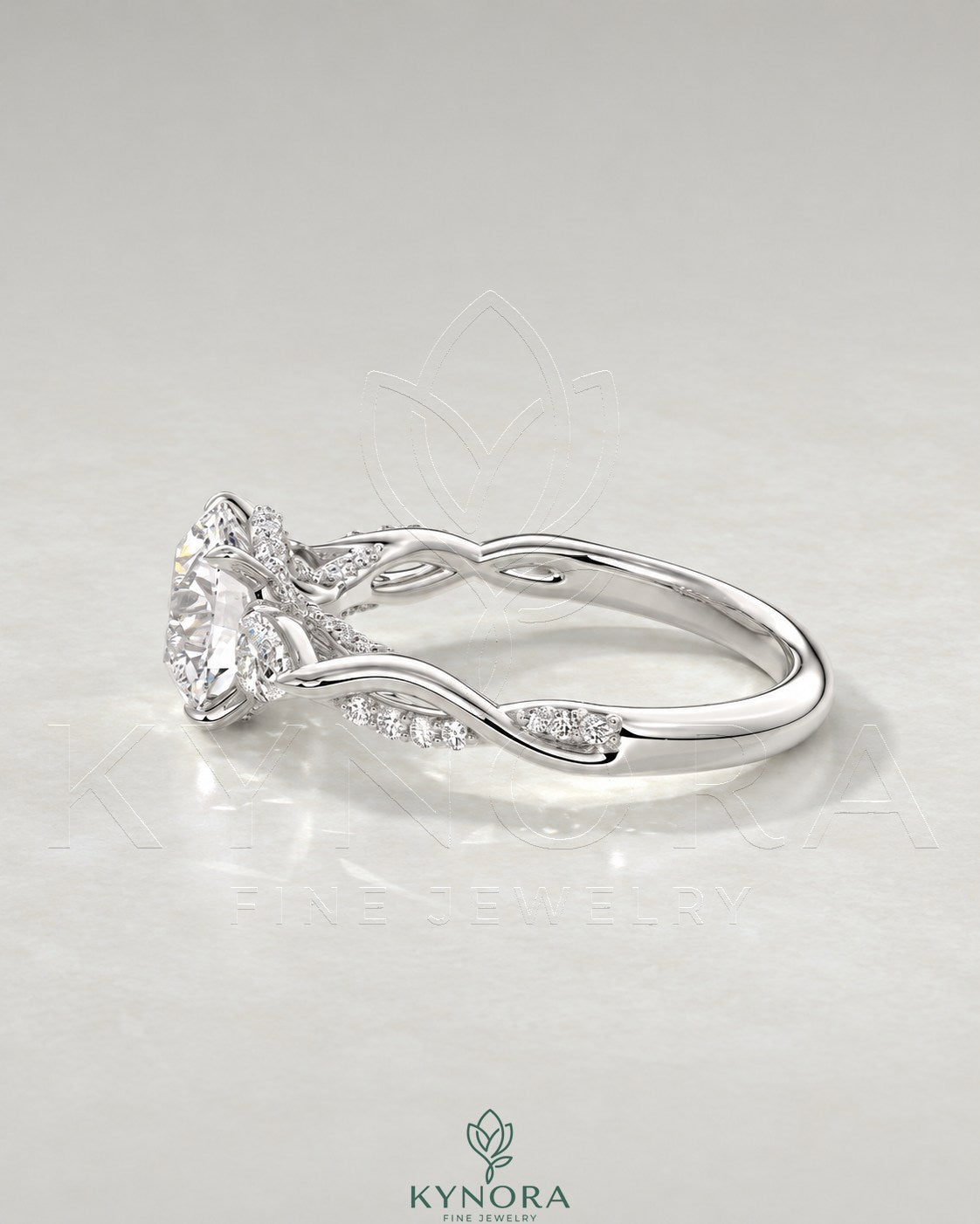 Round Moissanite 3-Stone Engagement Ring with Twisted Pavé Shank in 925 Silver