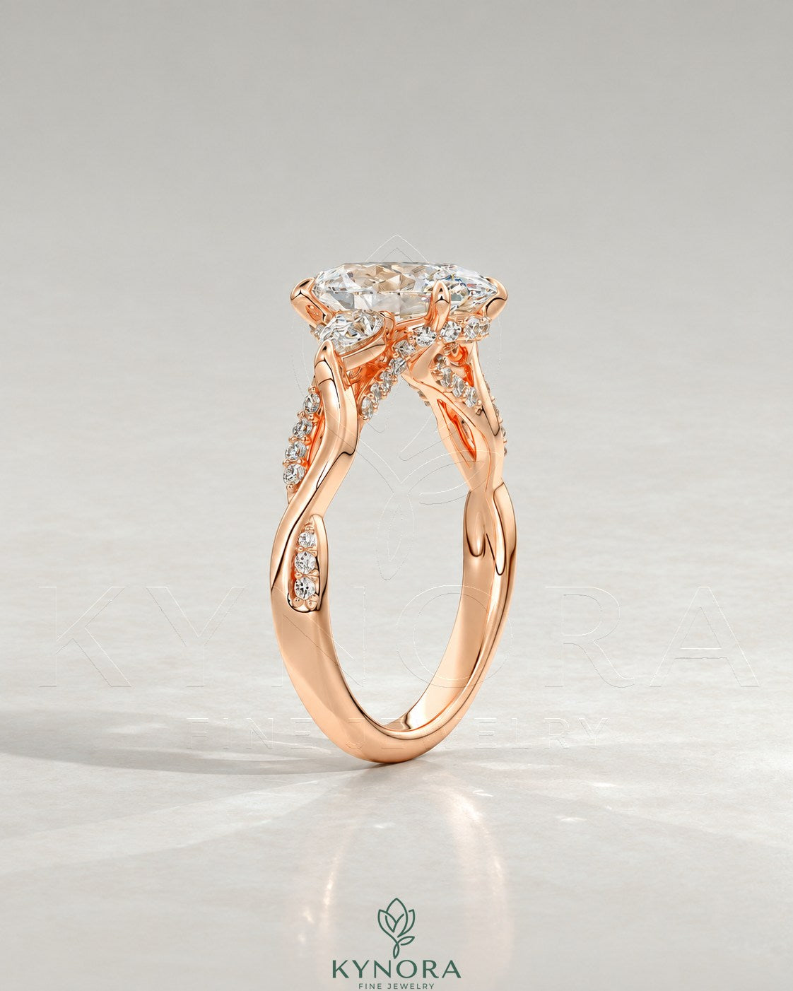 Oval Moissanite 3-Stone Engagement Ring with Twisted Pavé Shank in 925 Silver
