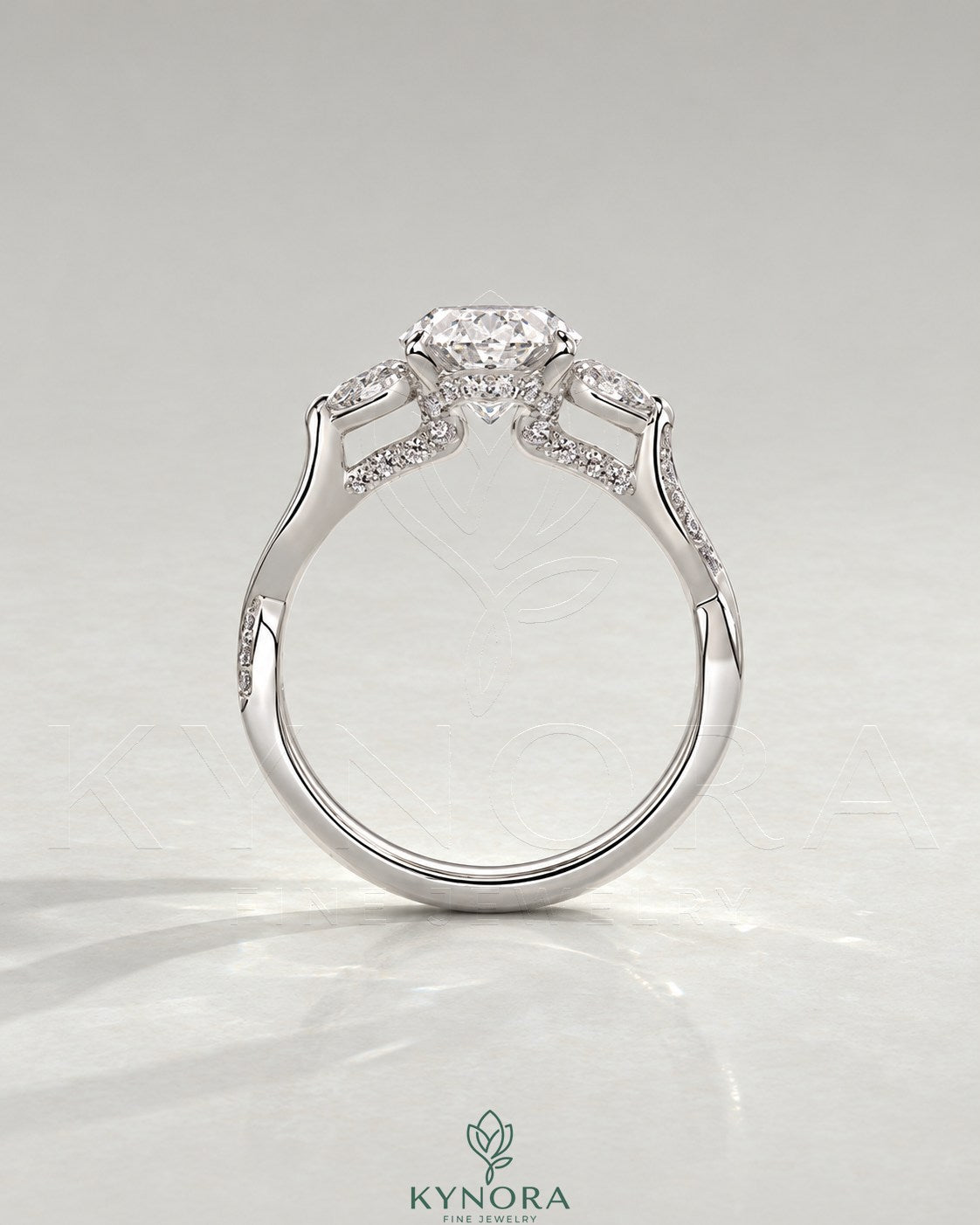 Oval Moissanite 3-Stone Engagement Ring with Twisted Pavé Shank in 925 Silver