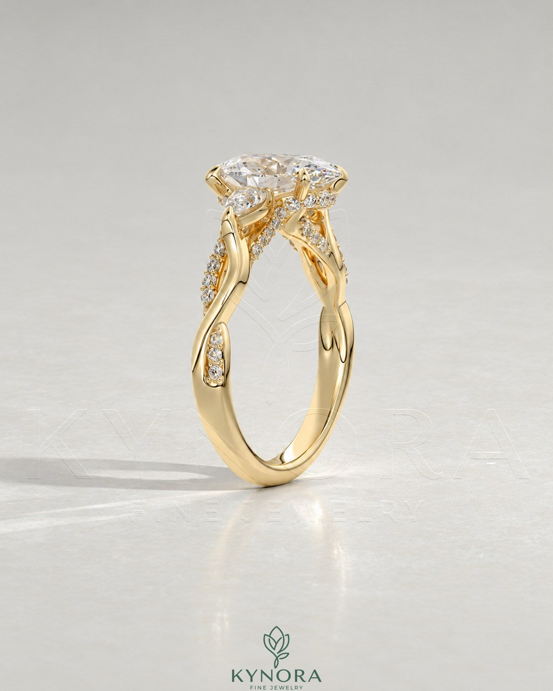 Oval Moissanite 3-Stone Engagement Ring with Twisted Pavé Shank in 925 Silver