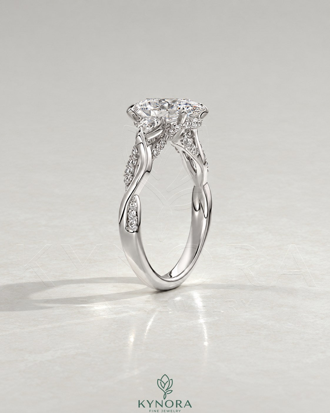 Oval Moissanite 3-Stone Engagement Ring with Twisted Pavé Shank in 925 Silver
