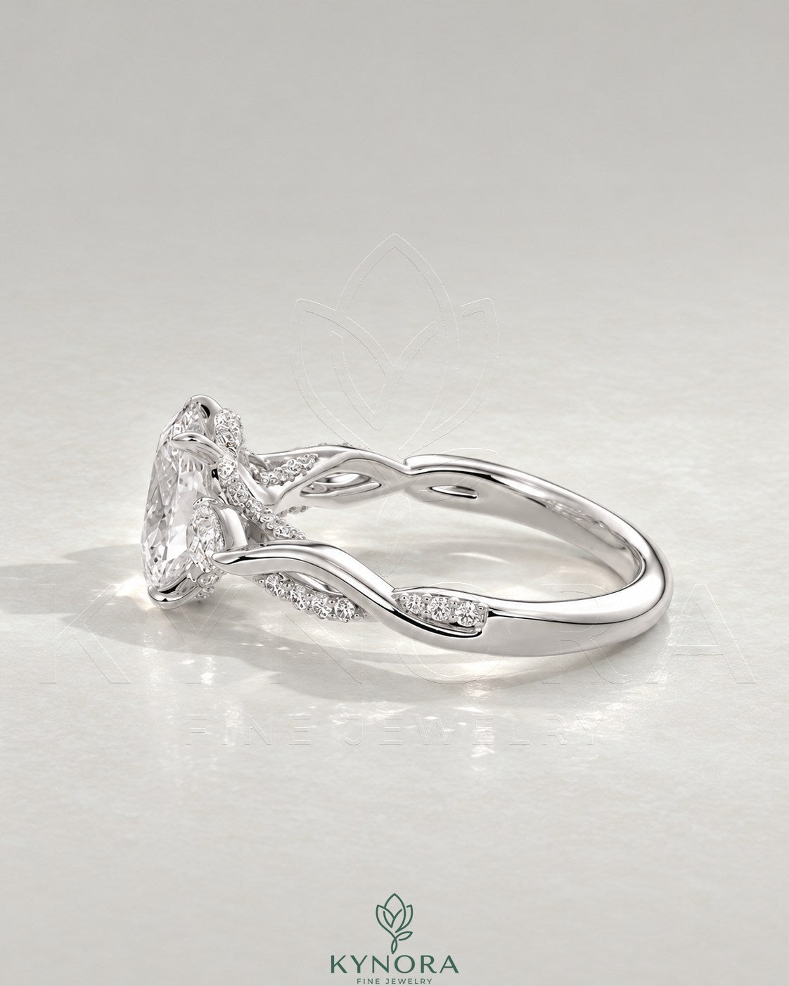 Oval Moissanite 3-Stone Engagement Ring with Twisted Pavé Shank in 925 Silver