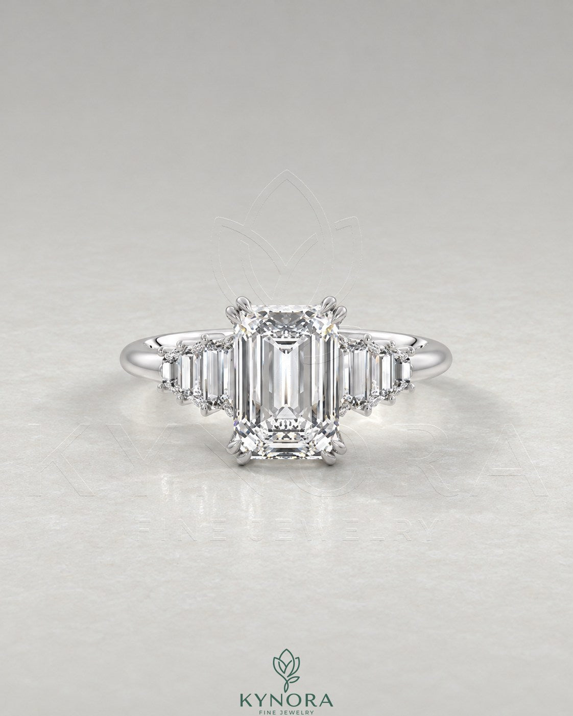 Emerald Moissanite 5-Stone Engagement Ring with Baguette Sides in 925 Silver Main image