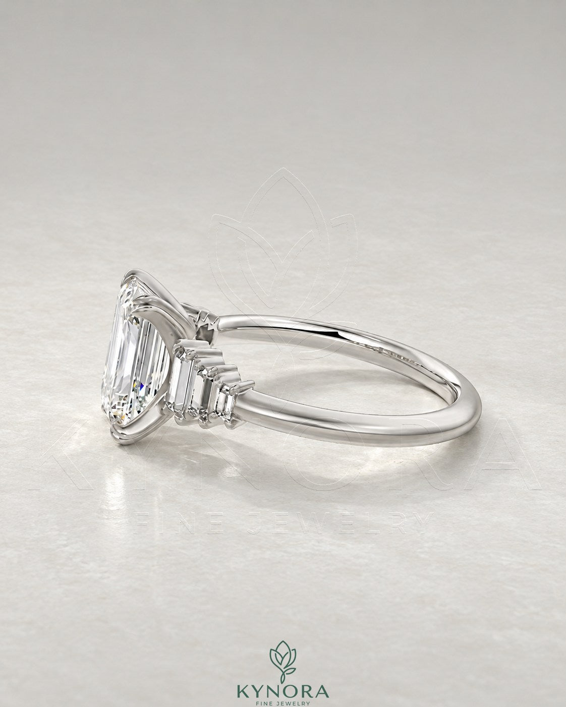 Emerald Moissanite 5-Stone Engagement Ring with Baguette Sides in 925 Silver