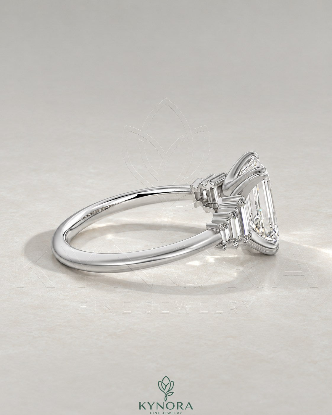 Emerald Moissanite 5-Stone Engagement Ring with Baguette Sides in 925 Silver