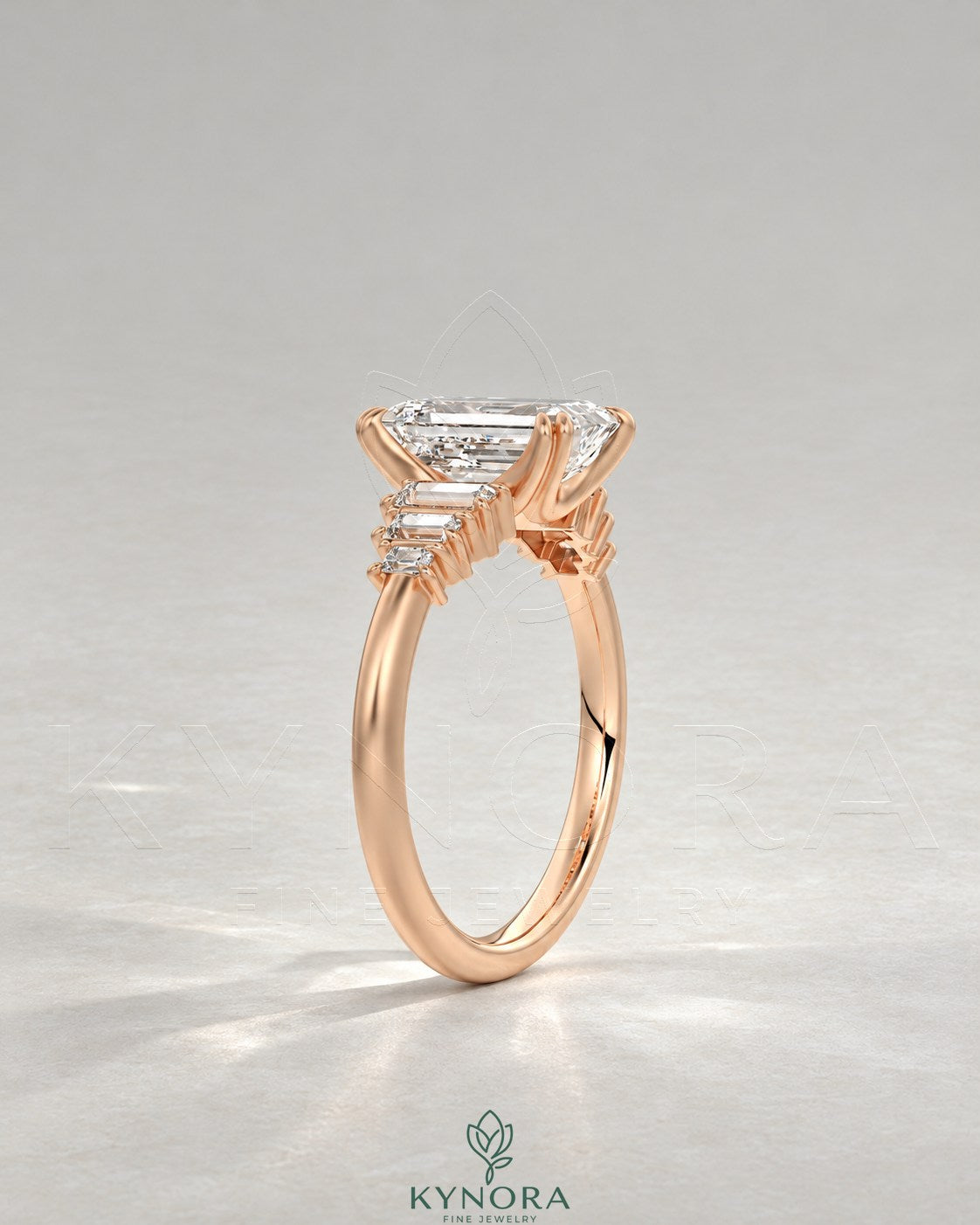 Emerald Moissanite 5-Stone Engagement Ring with Baguette Sides in 925 Silver