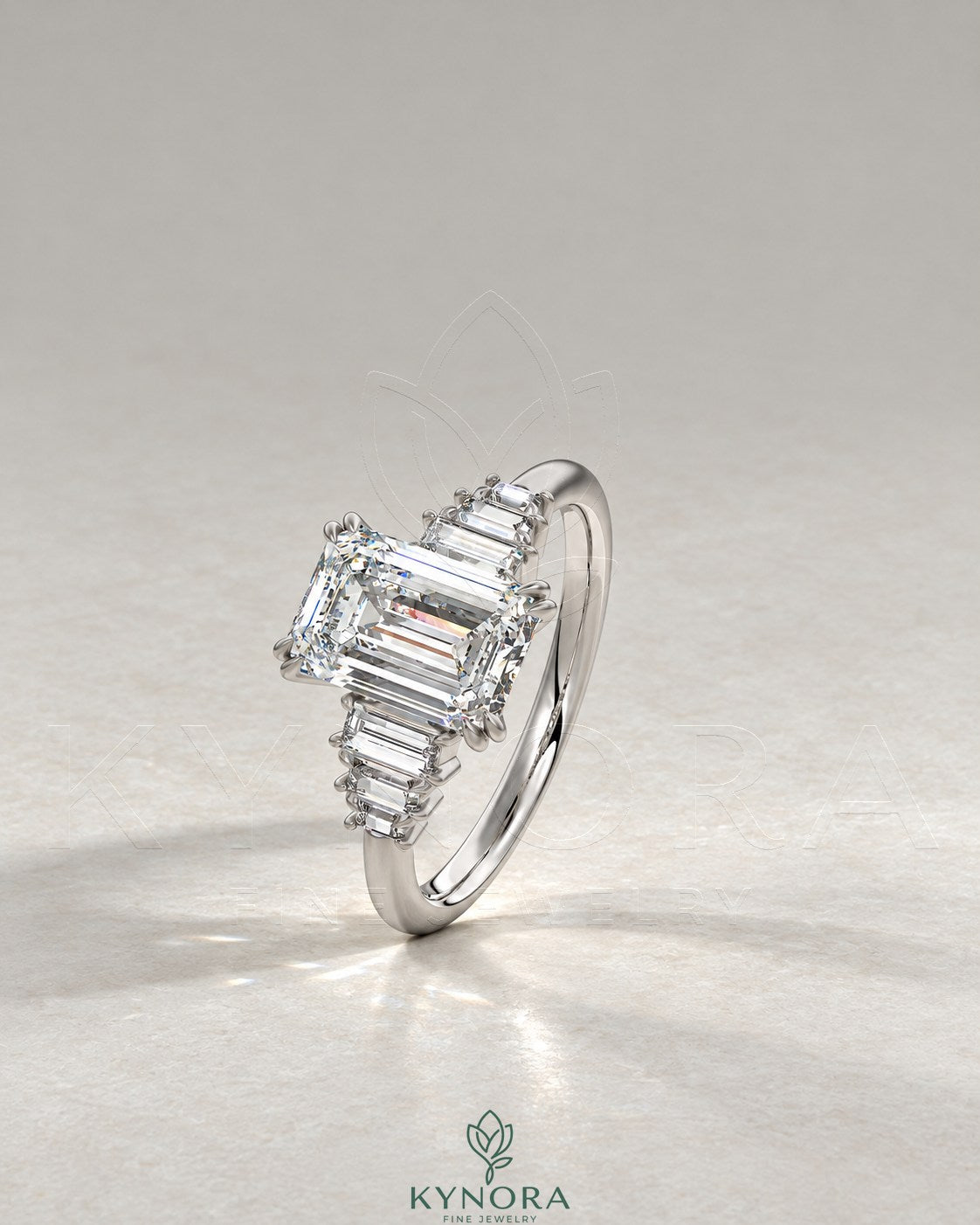 Emerald Moissanite 5-Stone Engagement Ring with Baguette Sides in 925 Silver Secondary image