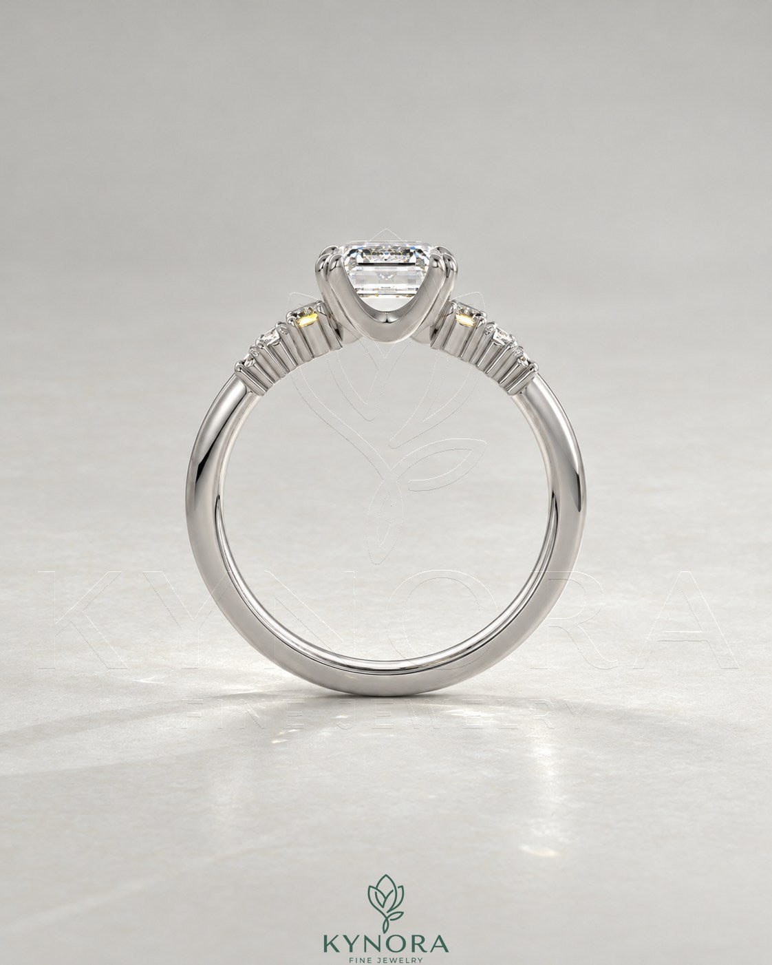 Emerald Moissanite 5-Stone Engagement Ring with Baguette Sides in 925 Silver