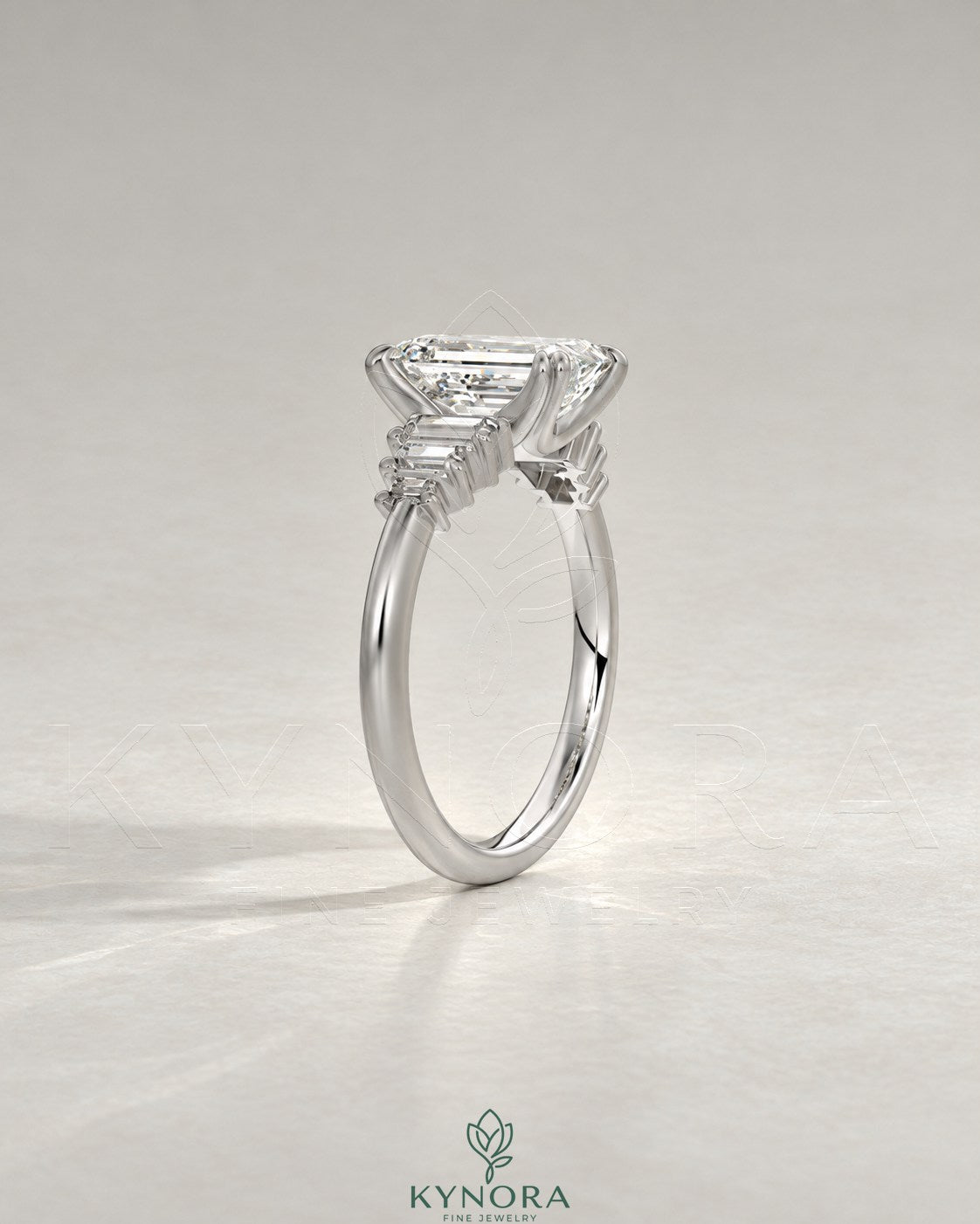 Emerald Moissanite 5-Stone Engagement Ring with Baguette Sides in 925 Silver