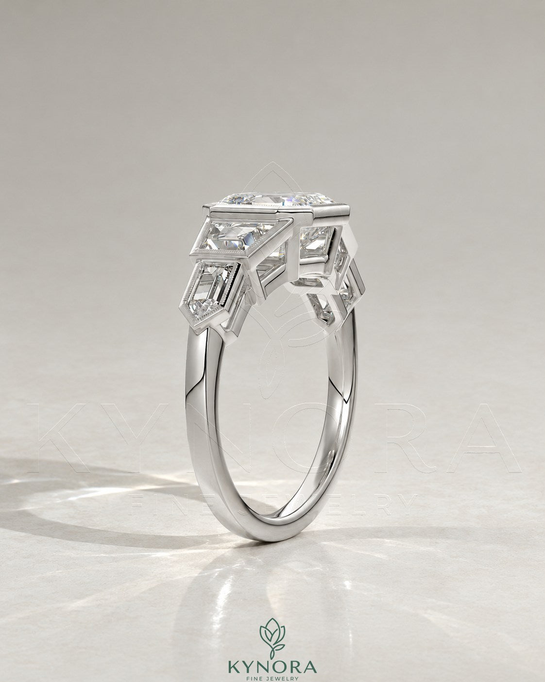 Vintage Asscher Cut 5-Stone Moissanite Engagement Ring in 925 Silver
