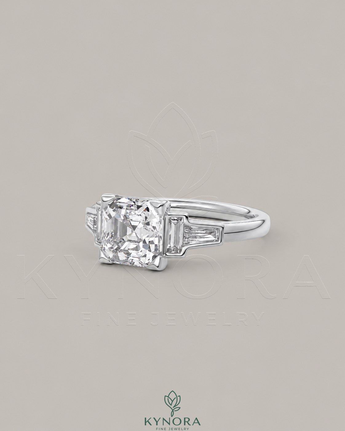 Asscher Cut Moissanite Three-Stone Engagement Ring in 925 Silver