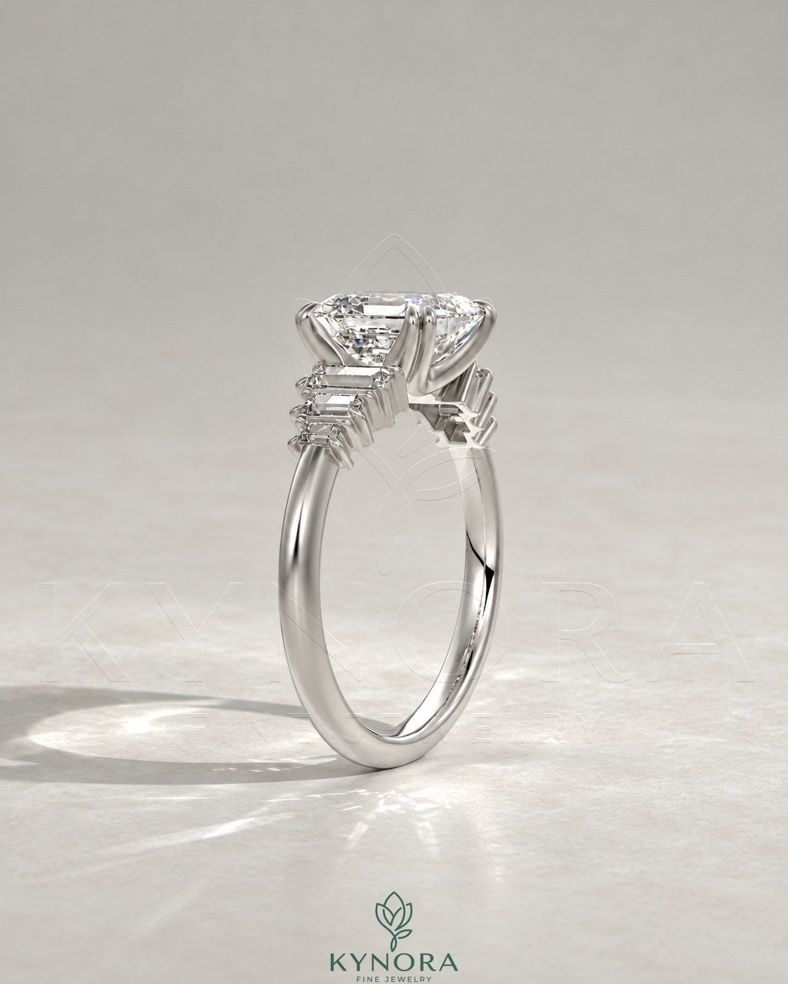 Asscher Cut Moissanite Graduated Baguette Engagement Ring 925 Silver