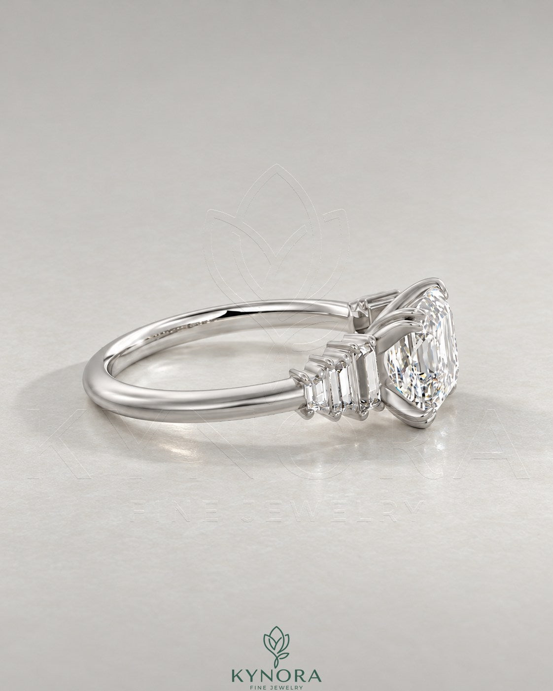 Asscher Cut Moissanite Graduated Baguette Engagement Ring 925 Silver
