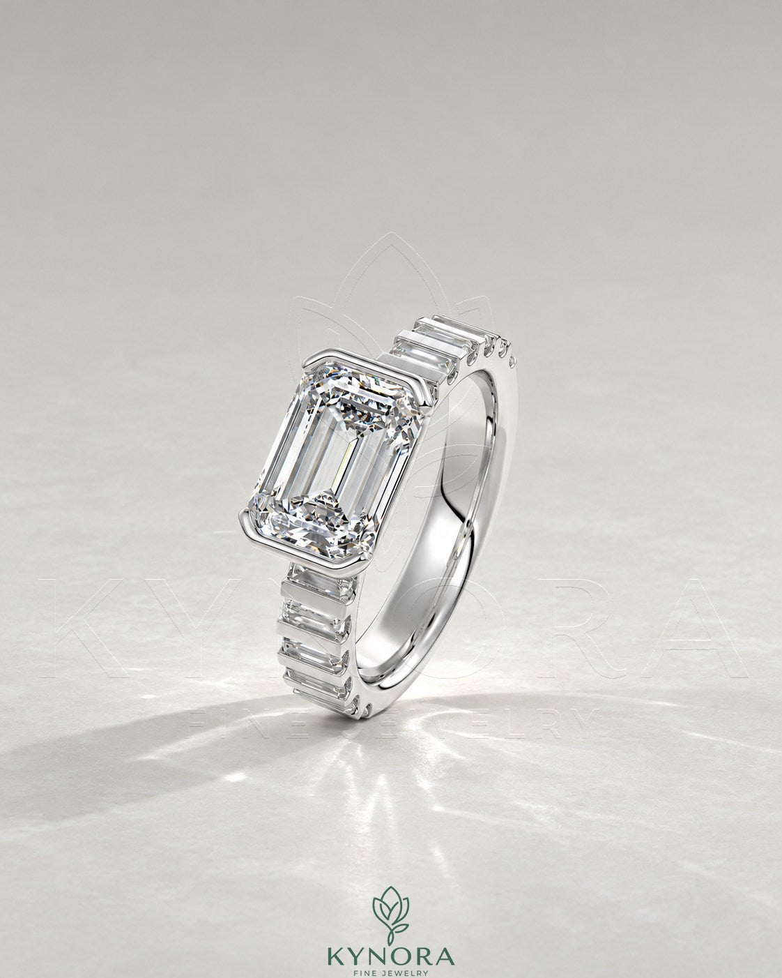 East-West Emerald Moissanite Baguette Band Ring 925 Silver