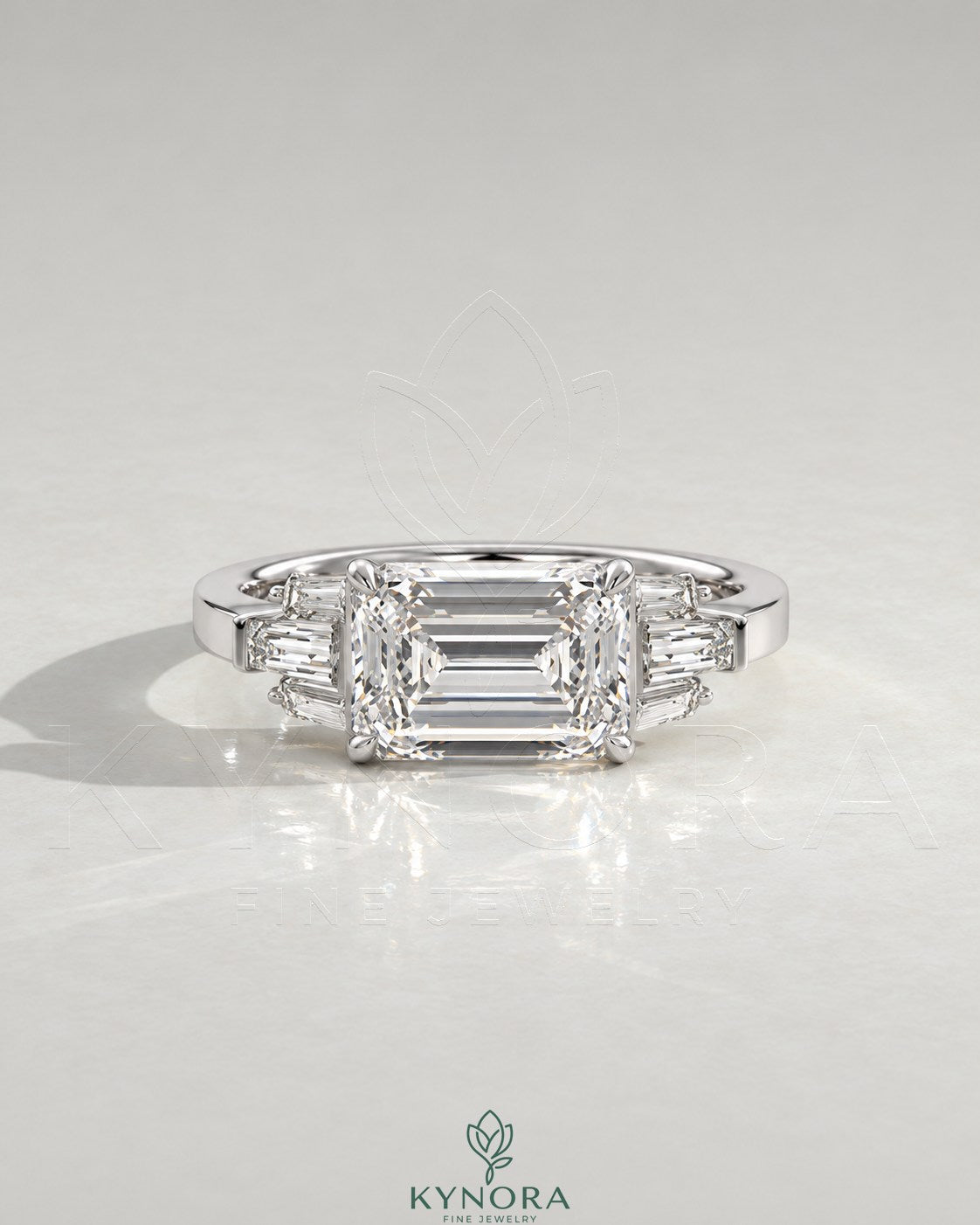 East-West Emerald Cut Moissanite Baguette Engagement Ring in 925 Silver Main image